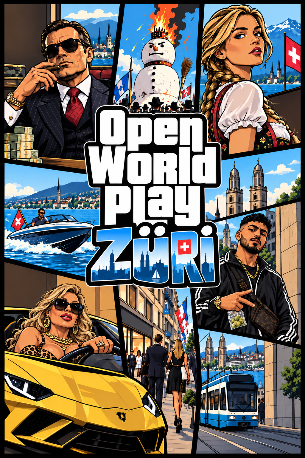 OpenWorldPlay Züri — illustrated Zürich streets, landmarks and characters